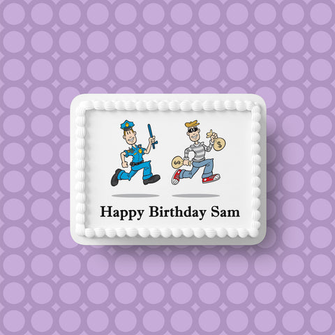 Police Funny Cops & Robbers Edible Icing Cake Topper or Ribbon