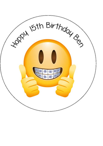Emoji 03 Edible Icing Cake Topper or Ribbon - Smiley Face with Braces