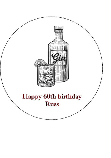 Gin Bottle & Glass 01 Edible Icing Cake Topper or Ribbon