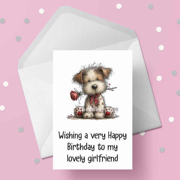 Birthday Card for Girlfriend 04 dog holding rose