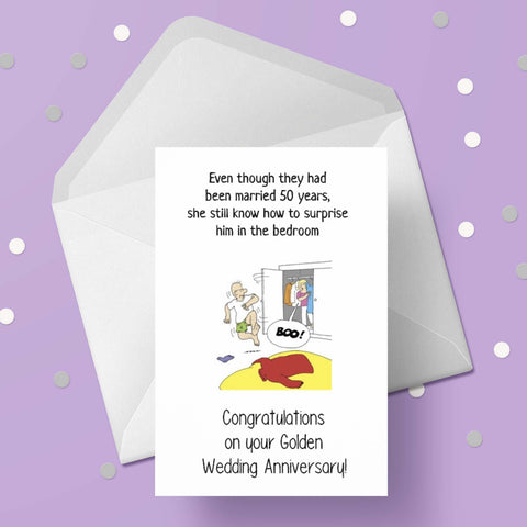 Golden Anniversary Card 01 - Funny "still surprises in bedroom"