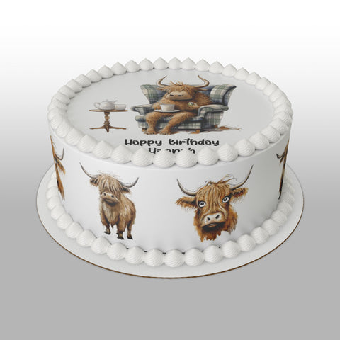 Highland Cow 03 Edible Icing Cake Topper - Funny cow in chair