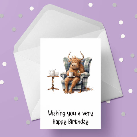 Highland Cow 03 Birthday Card - Sitting in chair