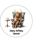 Highland Cow 03 Edible Icing Cake Topper - Funny cow in chair
