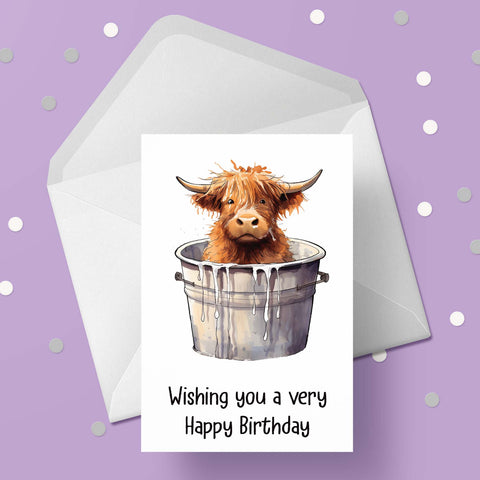 Highland Cow 04 Birthday Card - cow in a bucket