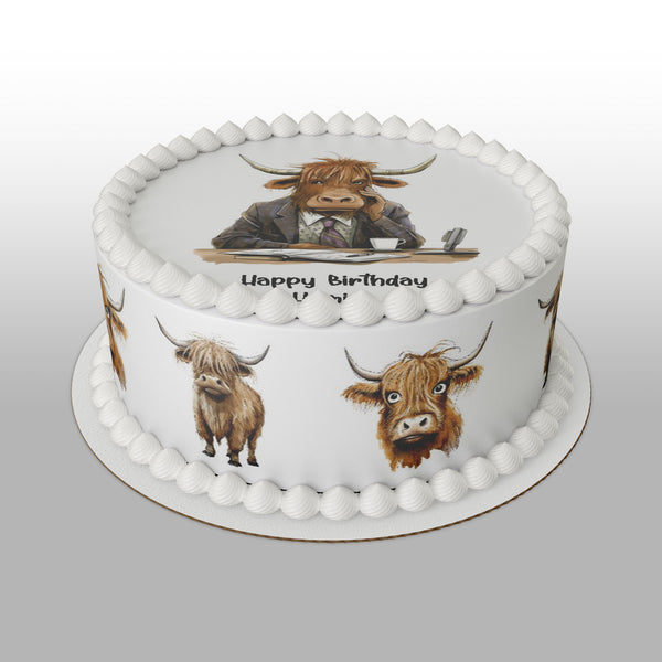 Highland Cow 05 Edible Icing Cake Topper - Funny cow at desk