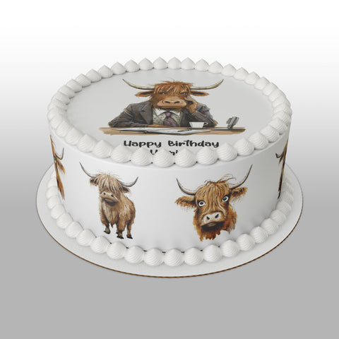Highland Cow 05 Edible Icing Cake Topper - Funny cow at desk