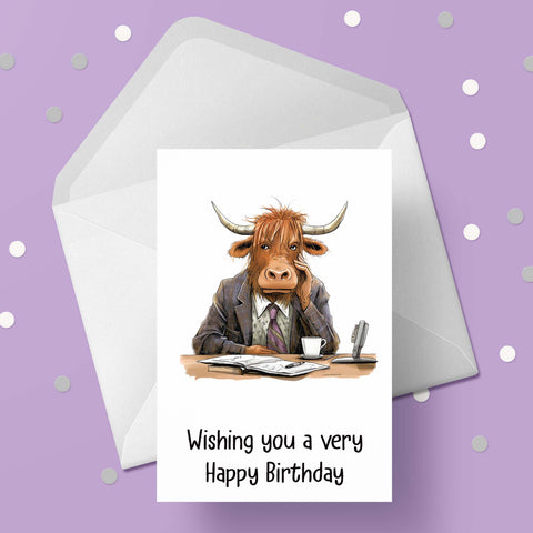 Highland Cow 05 Birthday Card - sitting at a desk