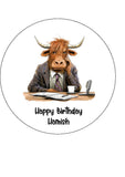 Highland Cow 05 Edible Icing Cake Topper - Funny cow at desk