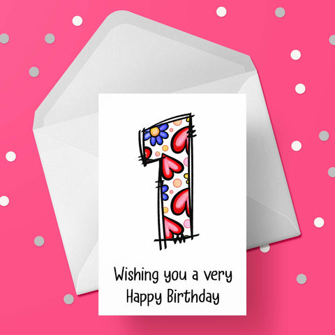 1st Birthday Card for Girls with Hearts & Flowers
