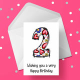 02 2nd Birthday 02 Birthday Card for Girls with Hearts & Flowers