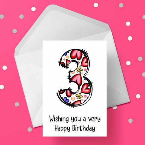 03 3rd Birthday 02 Birthday Card for Girls with Hearts & Flowers