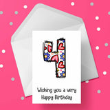 04 4th Birthday 02 Birthday Card for Girls with Hearts & Flowers