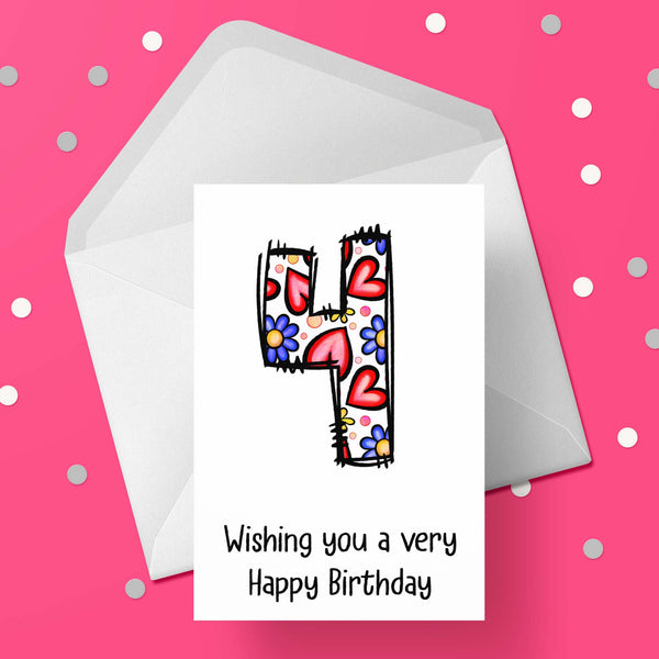 04 4th Birthday 02 Birthday Card for Girls with Hearts & Flowers