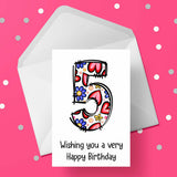 05 5th Birthday 02 Card for Girls with Hearts & Flowers
