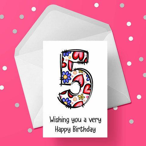 05 5th Birthday 02 Card for Girls with Hearts & Flowers