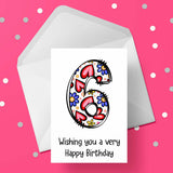 06 6th Birthday 02 Birthday Card for Girls with Hearts & Flowers