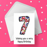 07 7th Birthday 02 Birthday Card for Girls with Hearts & Flowers