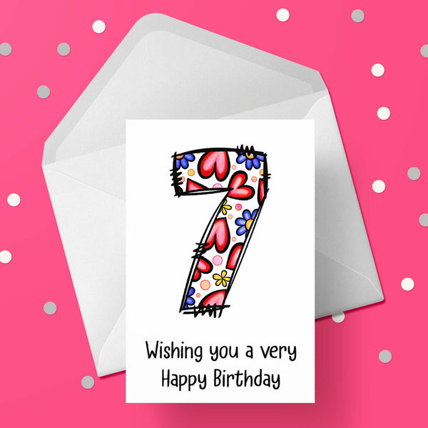 07 7th Birthday 02 Birthday Card for Girls with Hearts & Flowers