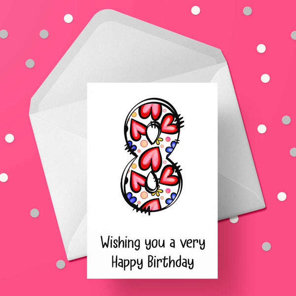 08 8th Birthday 02 Birthday Card for Girls with Hearts & Flowers