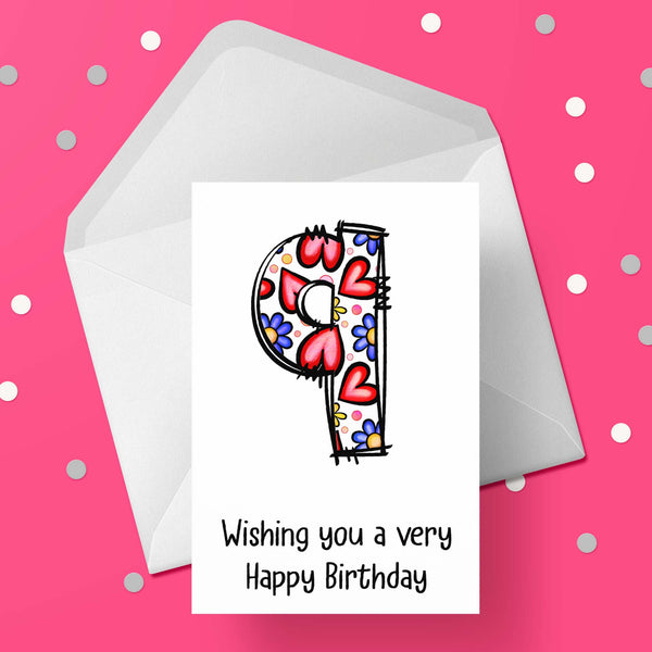 09 9th Birthday 02 Birthday Card for Girls with Hearts & Flowers