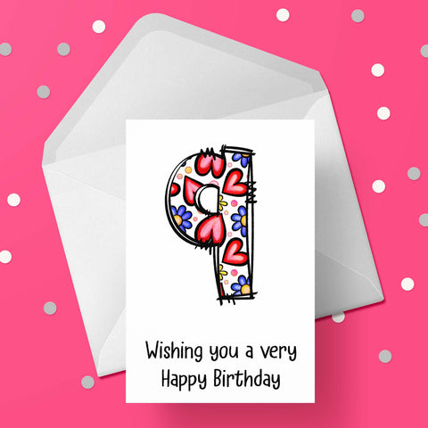 09 9th Birthday 02 Birthday Card for Girls with Hearts & Flowers