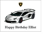 Lamborghini Racing Car 02 (White) Edible Icing Cake Topper or Ribbon