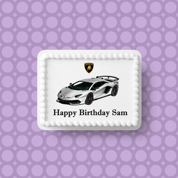 Lamborghini Racing Car 02 (White) Edible Icing Cake Topper or Ribbon