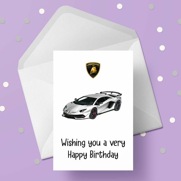 Lamborghini Racing Car 02 (White) Birthday Card