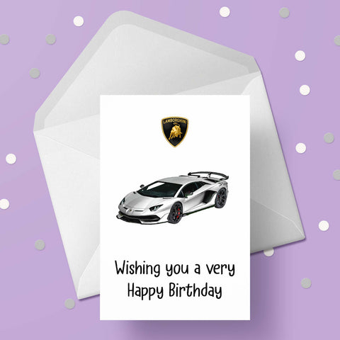 Lamborghini Racing Car 02 (White) Birthday Card