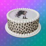 Leopard Print Girl 02 Edible Icing Cake Topper or Ribbon