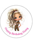 Leopard Print Girl 03 Edible Icing Cake Topper or Ribbon