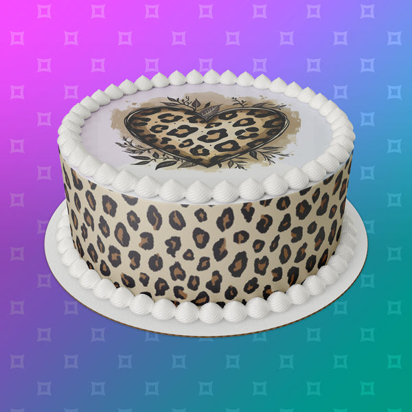Leopard Print Love Heart Edible Icing Cake Topper or Ribbon