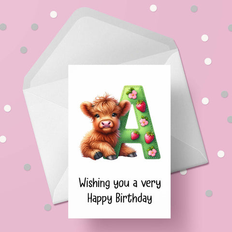 Highland Cow Initial Birthday Card - choose any letter