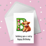 Highland Cow Initial Birthday Card - choose any letter