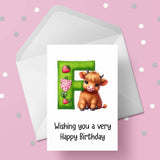 Highland Cow Initial Birthday Card - choose any letter
