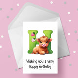 Highland Cow Initial Birthday Card - choose any letter