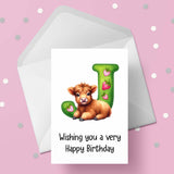 Highland Cow Initial Birthday Card - choose any letter