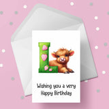 Highland Cow Initial Birthday Card - choose any letter