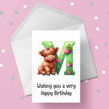Highland Cow Initial Birthday Card - choose any letter