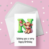 Highland Cow Initial Birthday Card - choose any letter