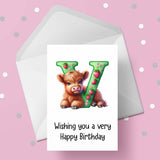 Highland Cow Initial Birthday Card - choose any letter