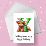 Highland Cow Initial Birthday Card - choose any letter