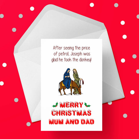 Christmas card for Mum & Dad - Funny Donkey & Petrol