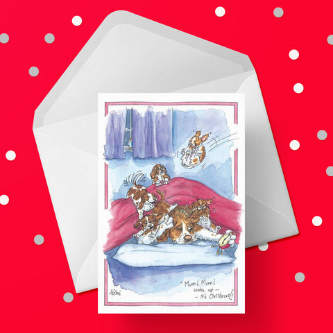Christmas Card for Mum - Excited puppies on Christmas morning