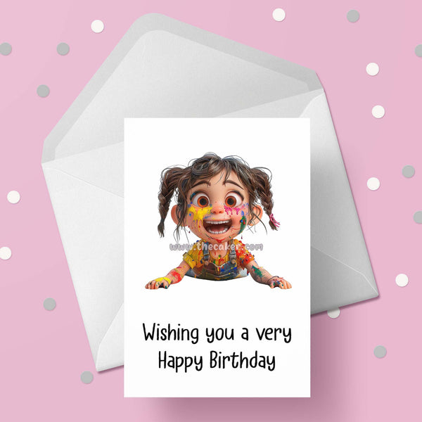 Painting 05 Birthday Card - Funny girl covered in paint