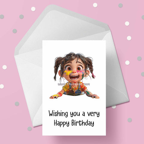 Painting 05 Birthday Card - Funny girl covered in paint