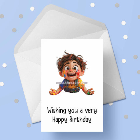Painting 06 Birthday Card - Funny boy covered in paint