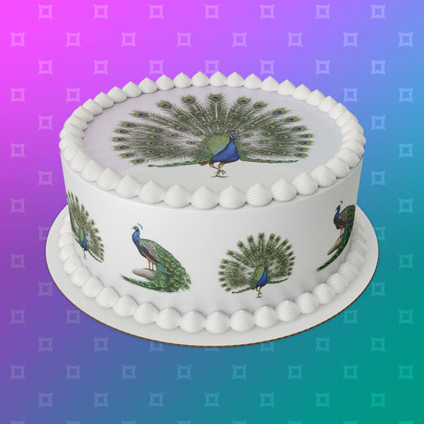 Peacock 01 Edible Icing Cake Topper or Ribbon