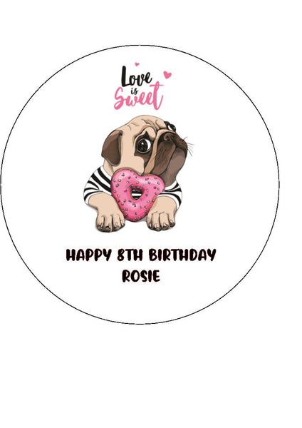 Pug 04 Edible Icing Cake Topper or Ribbon